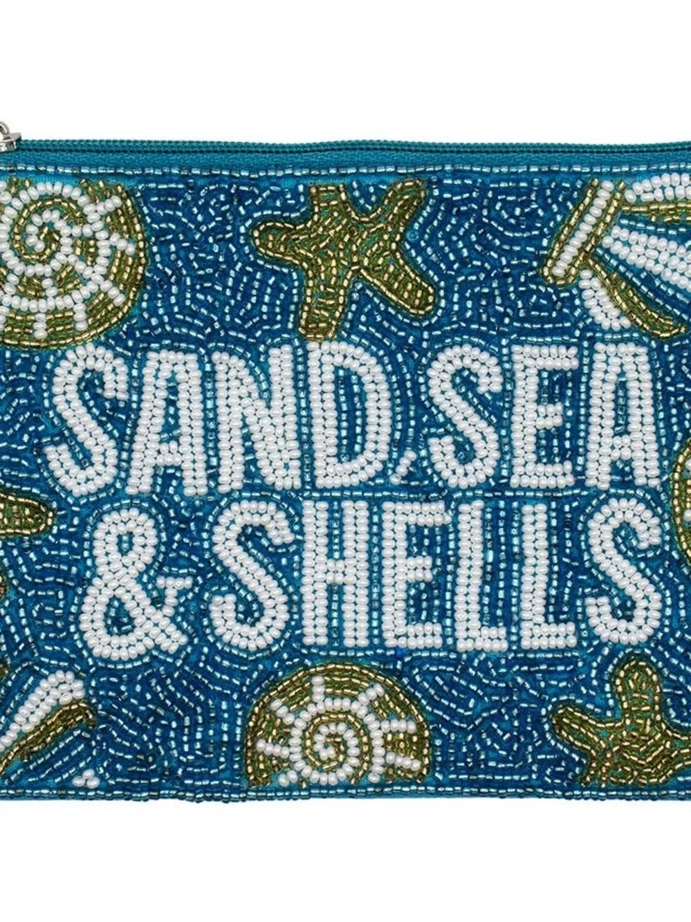 Key West Hand-Beaded ' Sand Sea Shells ' Blue Gold Clutch Coin Pouch